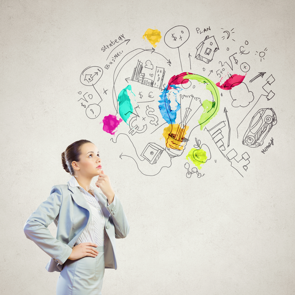 Image of thoughtful businesswoman with business sketch at background